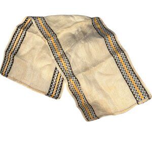 Vintage 100% LINEN off white blue organe tile print trim tea towel 11x34